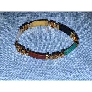 Vintage Multi Color Jade Chinese Character Link Bracelet Gold Tone 7.25 Inch